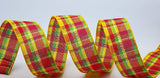 PerpetualRibbons Plaid 1.5 inch or 2.5 inch Yellow, Fuchsia & Lime Dash Plaid Ribbon - 10 Yards