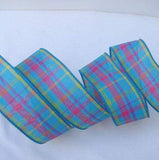 PerpetualRibbons Plaid 1.5 inch Turquoise, Hot Pink, Yellow & Lime plaid ribbon - 5 Yards