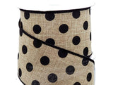 PerpetualRibbons Polka Dot Wired Natural Ribbon - 2.5 inch Natural Linen Ribbon with Black Dots - 5 Yards