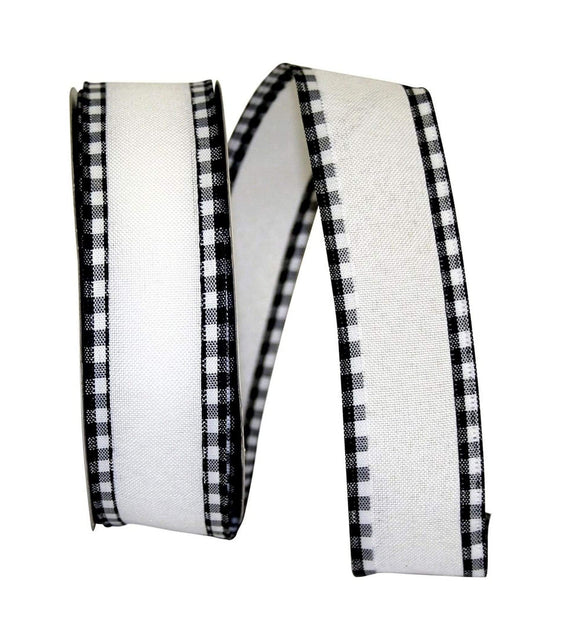 PerpetualRibbons Solids 1.5 inch White Ribbon with Black & White Check Wired Edges - 5 Yards