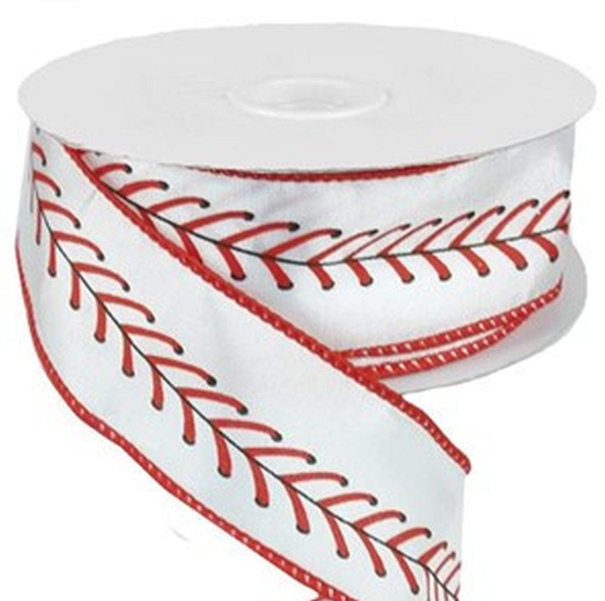 1.5 Inch White Satin Ribbon with Red & Black Baseball Stitching - 10 Yards
