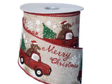 PR - Hold Christmas Winter Ribbon 2.5" Light Natural Canvas Christmas Ribbon - Happy Puppy & Christmas Tree in Red Farm Truck Yelling Merry Christmas - 10 Yards