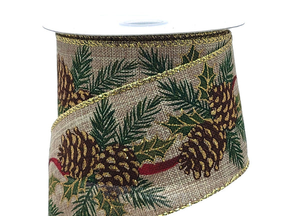 S&C Ribbons Christmas Floral 2.5 inch Natural Ribbon with Pine Cones, Needles & Leaves with Red Ribbon - 5 yards