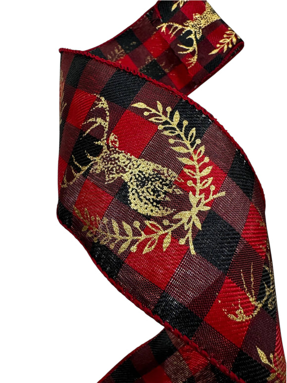 C&S Ribbons Christmas Checks Gold Reindeer on Red and Black Check Ribbon - 2.5