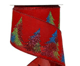 C&S Ribbons Christmas Glitter Colorful Glittered Christmas Trees on Red Satin Ribbon - 2.5" x 10 yds - Wired Christmas Ribbon Colorful Glittered Christmas Trees on Red Satin Ribbon - 2.5" x 10 yds - Wired Christmas Ribbon