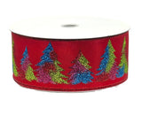 C&S Ribbons Christmas Glitter Colorful Glittered Christmas Trees on Red Satin Ribbon - 2.5" x 10 yds - Wired Christmas Ribbon Colorful Glittered Christmas Trees on Red Satin Ribbon - 2.5" x 10 yds - Wired Christmas Ribbon