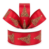 C&S Ribbons Christmas Glitter Green Trees Decorated with Gold on Red Satin - 2.5" x 10 yds - Wired Christmas Ribbon Green Trees Decorated with Gold on Red Satin - 2.5" x 10 yds - Wired Christmas Ribbon