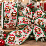C&S Ribbons Christmas Puppies in Christmas Coffee Cups – 2.5" x 10 yds - Wired Christmas Ribbon Puppies in Christmas Coffee Cups – 2.5" x 10 yds - Wired Christmas Ribbon
