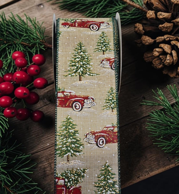 C&S Ribbons Christmas Winter Ribbon Vintage Red Trucks & Snowy Glitter Trees - 2.5