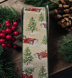 C&S Ribbons Christmas Winter Ribbon Vintage Red Trucks & Snowy Glitter Trees - 2.5" x 10 yds - Christmas Ribbon for Wreaths & Bows Vintage Red Trucks & Snowy Glitter Trees - 2.5" x 10 yds - Christmas Ribbon for Wreaths & Bows