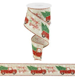 Expressions / RG Ribbon Christmas Winter Ribbon 2.5" "Merry and Bright" Red Farm Truck Carrying 2 Christmas Tree on Light Natural Canvas Ribbon - 10 Yards 2.5" "Merry and Bright" Red Farm Truck Carrying 2 Christmas Tree on Light Natural Canvas Ribbon - 10 Yards
