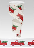 Expressions / RG Ribbon Christmas Winter Ribbon Copy of 2.5 x 10 yds Vintage Truck Carrying Tree on White Canvas, Wired Christmas Ribbon