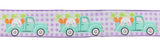 Expressions / RG Ribbon Easter 2.5" x 10 yds Wired Easter Ribbon, Bunny Butts & Carrots in Truck on Lavender and White Gingham Ribbon