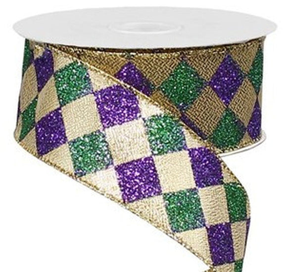Expressions / RG Ribbon Mardi Gras Copy of 2.5 inch Purple & Gold Glitter Harlequin Pattern Outlined in Green - 10 Yards