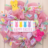 Expressions / RG Ribbon Signs Happy Easter Sign - 12.5" x 6" White MDF Sign with 4 Peep Bunnies Happy Easter Sign - 12.5" x 6" White MDF Sign with 4 Peep Bunnies