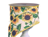 Farrisilk Ribbons & Trim Farrisilk Marigold Sunflowers on 2.5" Cream Canvas Ribbon, Designer Spring Ribbon - 10 Yards