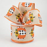 Jascotina Autumn 2.5" Black & White Buffalo Check Pumpkins with Sunflower on Lt Natural Ribbon - Autumn Wired Ribbon - 10 Yards