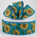 Jascotina Autumn 2.5" x 10 Yards Teal Ribbon with Sunflowers 2.5" x 10 Yards Teal Ribbon with Sunflowers