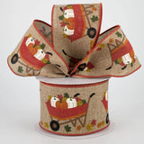 Jascotina Autumn 2.5" x 10 Yds Natural Ribbon with Rust Wheelbarrow - Fall Wired Ribbon 2.5" x 10 Yds Natural Ribbon with Rust Wheelbarrow - Fall Wired Ribbon