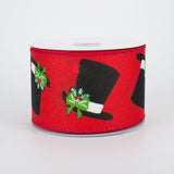 Jascotina Christmas Characters 2.5" x 10 Yds Red Linen Ribbon with Snowman Top Hats - Wired Christmas Ribbon