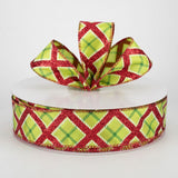 Jascotina Christmas Glitter 1.5" 1.5" or 2.5" x 10 yds Lime Green & White Ribbon with Red Glittered Diamonds, Wired Christmas Ribbon