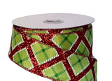 Jascotina Christmas Glitter 2.5" x 10 yds Lime Green & White Ribbon with Red Glittered Diamonds, Wired Christmas Ribbon