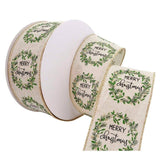 Jascotina Christmas Words Merry Christmas Wreath on Natural Canvas - 2.5" x 10 yds - Wired Christmas Ribbon Merry Christmas Wreath on Natural Canvas - 2.5" x 10 yds - Wired Christmas Ribbon