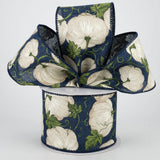 Jascotina Ribbons & Trim 2.5" x 10 yds Navy Blue Canvas Ribbon with White Pumpkins, Wired Autumn / Fall Ribbon