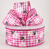 Jascotina Spring 2.5" x 10 yards Daisies & Bumble Bees on Fuchsia & White Gingham Ribbon 2.5" x 10 yards Daisies & Bumble Bees on Fuchsia & White Gingham Ribbon