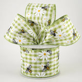 Jascotina Spring 2.5" x 10 yards Daisies & Bumble Bees on Sage Green & White Gingham Ribbon 2.5" x 10 yards Daisies & Bumble Bees on Sage Green & White Gingham Ribbon