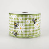 Jascotina Spring 2.5" x 10 yards Daisies & Bumble Bees on Sage Green & White Gingham Ribbon 2.5" x 10 yards Daisies & Bumble Bees on Sage Green & White Gingham Ribbon
