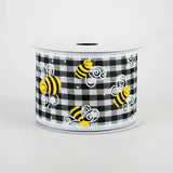 Jascotina Spring 2.5" x 10 yds Black & White Gingham Ribbon with Bumble Bees - Summer Ribbon 2.5" x 10 yds Black & White Gingham Ribbon with Bumble Bees - Summer Ribbon