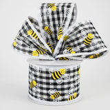 Jascotina Spring 2.5" x 10 yds Black & White Gingham Ribbon with Bumble Bees - Summer Ribbon 2.5" x 10 yds Black & White Gingham Ribbon with Bumble Bees - Summer Ribbon
