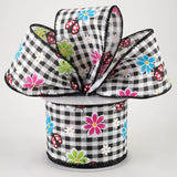 Jascotina Spring 2.5" x 10 yds Bright Daisies and Ladybugs on Black & White Gingham Wired Ribbon 2.5" x 10 yds Bright Daisies and Ladybugs on Black & White Gingham Wired Ribbon