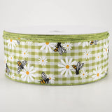 Jascotina Spring 2.5" x 50 yards Daisies & Bumble Bees on Sage Green & White Gingham Ribbon 2.5" x 50 yards Daisies & Bumble Bees on Sage Green & White Gingham Ribbon