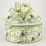 Jascotina Spring 2.5" x 50 yards Daisies & Bumble Bees on Sage Green & White Gingham Ribbon 2.5" x 50 yards Daisies & Bumble Bees on Sage Green & White Gingham Ribbon