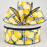 Jascotina Spring 2.5" x 50 yards Wired Navy Blue & White Gingham Ribbon with Lemons 2.5" x 50 yards Wired Navy Blue & White Gingham Ribbon with Lemons