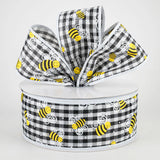 Jascotina Spring 2.5" x 50 yds Black & White Gingham Ribbon with Bumble Bees - Summer Ribbon 2.5" x 50 yds Black & White Gingham Ribbon with Bumble Bees - Summer Ribbon