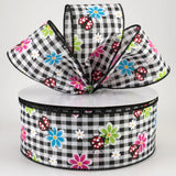 Jascotina Spring 2.5" x 50 yds Bright Daisies and Ladybugs on Black & White Gingham Wired Ribbon 2.5" x 50 yds Bright Daisies and Ladybugs on Black & White Gingham Wired Ribbon