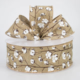 Jascotina Spring 2.5" x 50 Yds Tan Wired Canvas Ribbon with White Cotton Bolls 2.5" x 50 Yds Tan Wired Canvas Ribbon with White Cotton Bolls