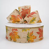 PerpetualRibbons Autumn 2.5 inch Natural Canvas Ribbon with Fall Leaves - 10 Yards
