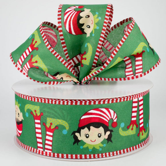 PerpetualRibbons Christmas Characters Copy of 10 yds 2.5 inch Green Satin Ribbon with Girl & Boy Elf Faces and Legs - Red and White Candy Cane Striped Edges