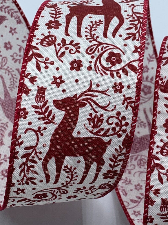 PerpetualRibbons Christmas Characters Copy of Wired Christmas Ribbon - 2.5 inch Cute Reindeer In Red Scarves & Red Snowflakes on Natural Linen Ribbon - 10 Yards