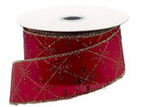 PerpetualRibbons Christmas Glitter 1.5" Red Satin Ribbon with Red Glitter Flowers in a Gold Diamond Pattern - Wired Christmas Ribbon - 5 Yards