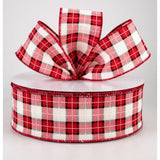 PerpetualRibbons Christmas Plaid 1.5" or 2.5" Woven Red, Cream & Black Square Plaid Ribbon - Christmas Ribbon - 50 Yards