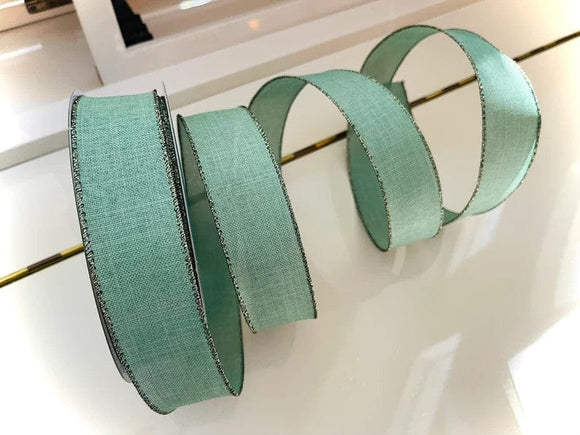 PerpetualRibbons Christmas Solids 1.5 inch Solid Sage Green Canvas Ribbon with Metallic Green Threaded Edges - 5 Yards