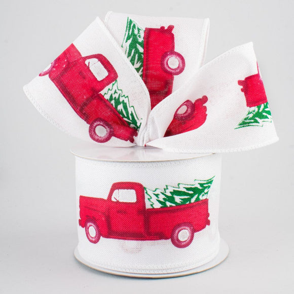 PerpetualRibbons Christmas Winter Ribbon 2.5 inch Red Farm Truck Carrying Snowy Christmas Tree - 5 Yards