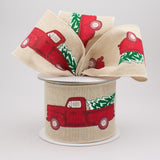 PerpetualRibbons Christmas Winter Ribbon 2.5 inch Red Farm Truck Carrying Snowy Christmas Tree on Natural Linen Ribbon - 5 Yards