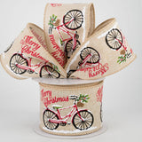 PerpetualRibbons Christmas Winter Ribbon 2.5 inch Wired Christmas Ribbon - Red Snow Dusted Bike on Light Natural Canvas - 5 Yards