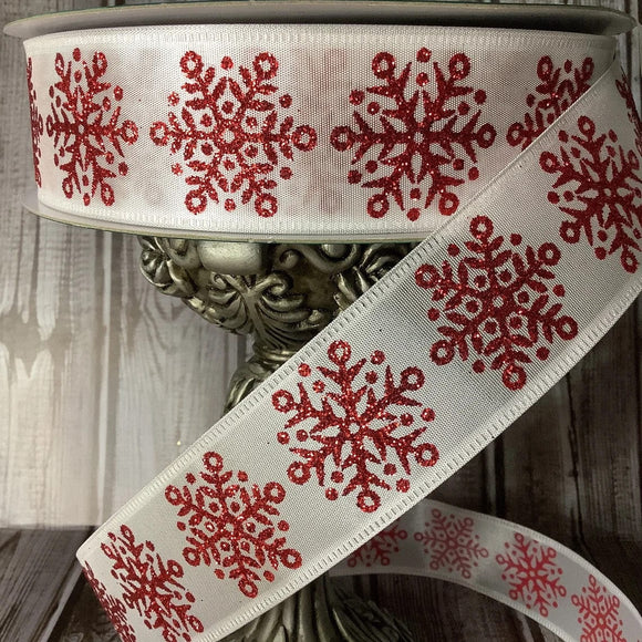 PerpetualRibbons Christmas Winter Ribbon Copy of 1.5 inch Cream Wired Twill Ribbon featuring Red Scandinavian Snowflakes - 5 yards